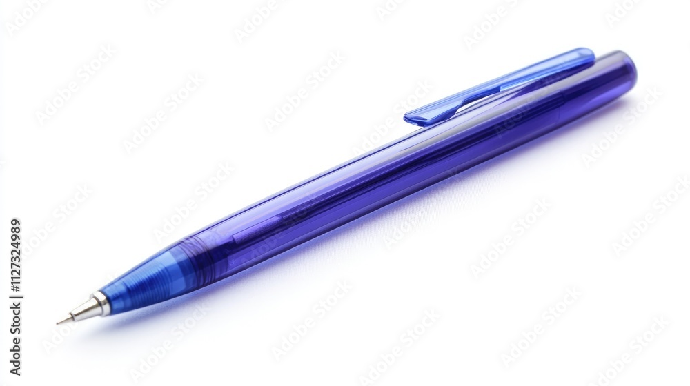 Poster blue ballpoint pen lying on a clean white background showcasing its design and color for office and 