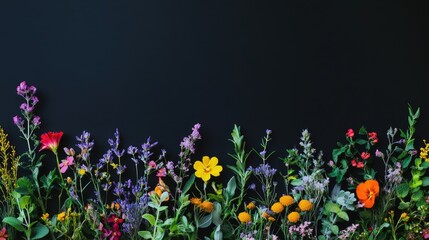 Colorful floral border with real summer herbs on a black background minimalist design with space for text and vibrant flower patterns