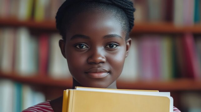Young African teenage schoolgirl holding textbooks while studying at home with a focused expression in a cozy library setting.