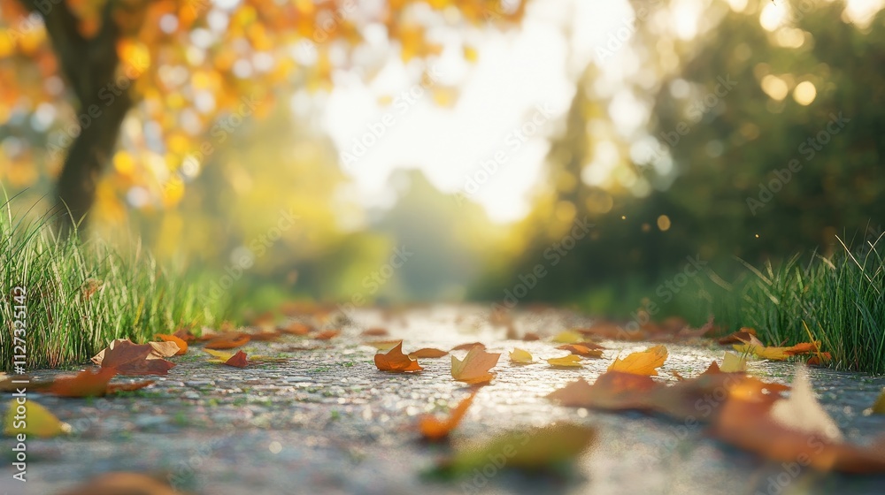 Poster autumn leaves scattered on a soft road with blurred grass in the background creating a serene season
