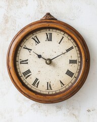 A vintage wall clock with Roman numerals and a wooden frame, displaying time decoratively.