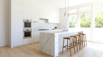 Bright spacious modern minimalist white kitchen with island