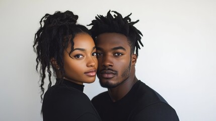 Stylish black couple confidently posing together against a neutral backdrop with intense expressions capturing a moment of connection.
