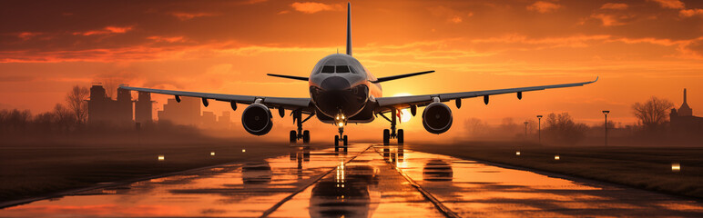 Panoramic image of an airplane taking off against the backdrop of a rising or setting sun with reflection.