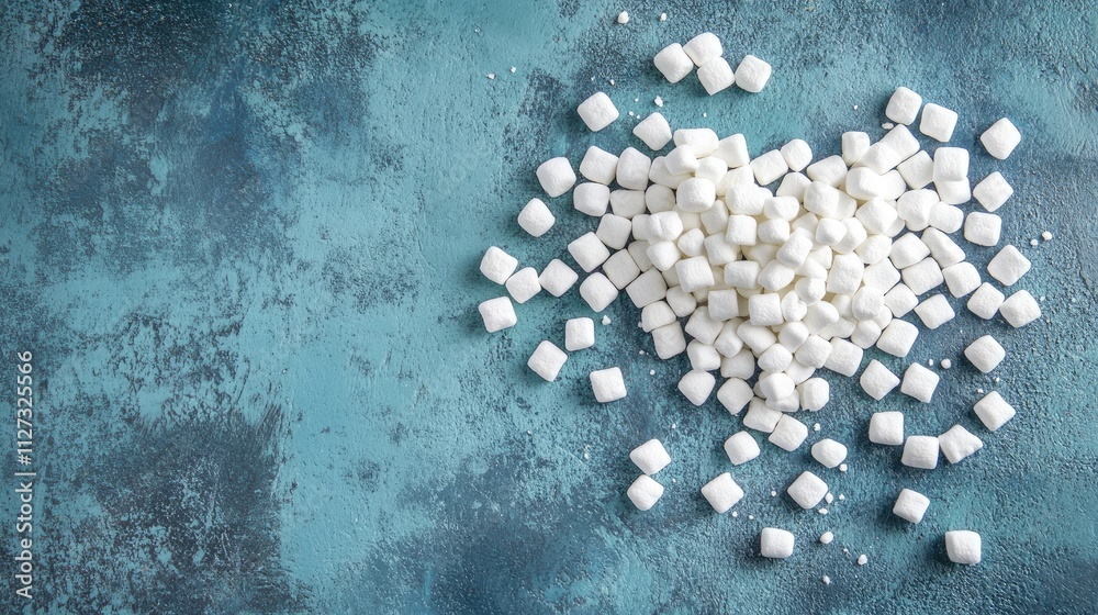 Fototapete small white marshmallows creatively arranged in a heart shape on a textured blue surface ideal for v