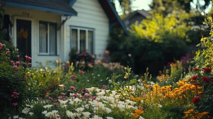 Naklejka premium Colorful flower garden blooming in front of a charming house surrounded by lush greenery and sunlight illuminating the vibrant petals