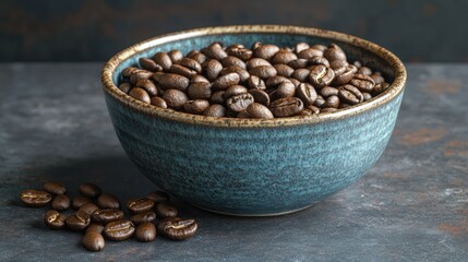 Fototapeta premium Close up of roasted coffee beans in a decorative bowl set against a dark backdrop with blue accents creating an inviting coffee theme.