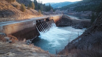 Fish ladder at water diversion dam in early spring showcasing scenic river landscape and flowing water with surrounding natural terrain