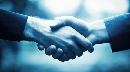 Business partnership agreement concept with two hands shaking in a professional setting symbolizing trust and collaboration.