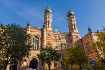 Main facade of Great Synagogue at sunny morning, Budapest, Hungary