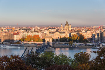 Budapest left bank from Buda Castle above tree branches, Hungary