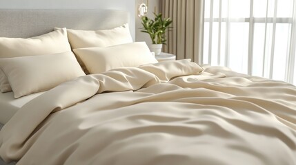 Cozy beige bedding with plush pillows arranged on a comfortable bed in a softly lit bedroom setting