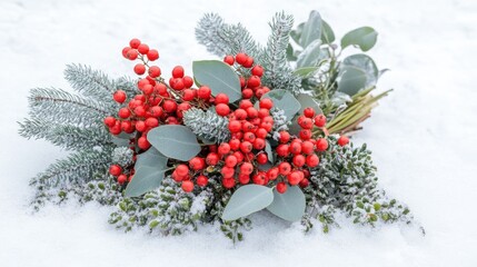 Festive Christmas bouquet with red berries fir tree and eucalyptus arrangement on fresh snow winter background
