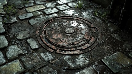 Obraz premium Weathered manhole cover on a cobblestone street surrounded by dirt and grass after rain showcasing urban decay and maintenance challenges