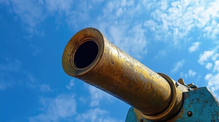 Historic cannon muzzle with textured metal surface against a vibrant blue sky showcasing clouds and historical significance.