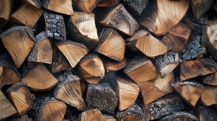 Fototapeta premium Wood pile stacked neatly showcasing natural textures, highlighting environmental concerns related to burning wood and its impact on air quality.