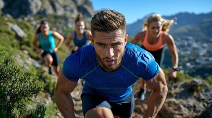 Fototapeta premium Determined Athlete Running Uphill on Mountain Trail with Friends