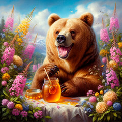 Brown bear with a jar of honey against the background of a flowering meadow.