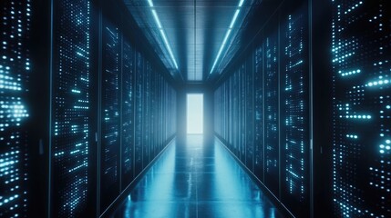 Fototapeta premium Data center corridor showcasing modern cloud technology and secure data storage with illuminated servers for advanced networking solutions