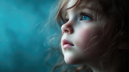 Fototapeta premium Child with Curly Hair Gazing Thoughtfully with Blue Background in Soft Light