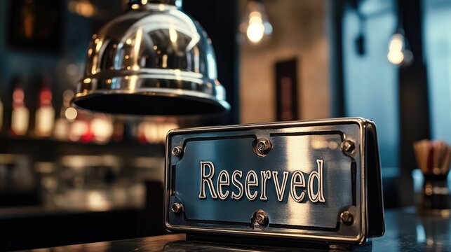 Stainless Reserved Sign with Service Bell in Elegant Restaurant Setting for Hospitality and Dining Concepts