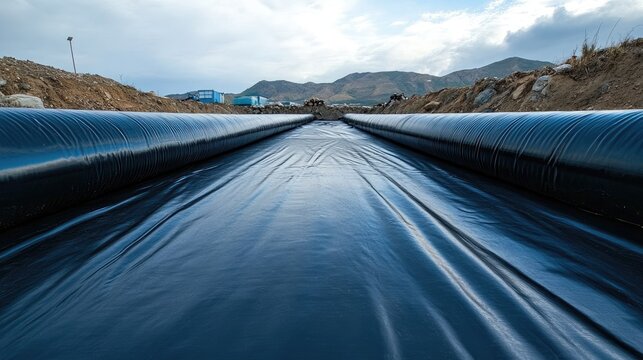 High density polyethylene sheet roll installation for lagoon protection and environmental management.