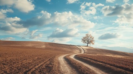 Naklejka premium Tuscany landscape featuring a country road, plowed fields, and a solitary tree under a blue sky with clouds during autumn in Italy.