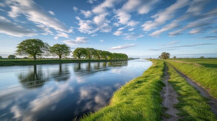 Obraz premium Serene lake reflections a grassy trail surrounded by lush trees and calm waters