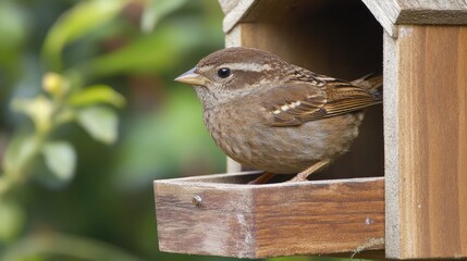 Female sparrow perched at the entrance of a wooden birdhouse surrounded by lush garden greenery