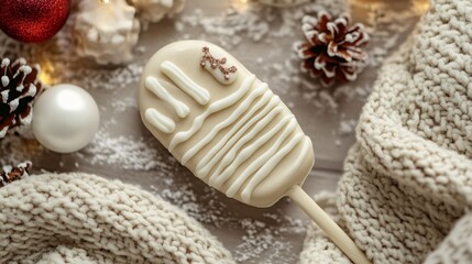 A cute mitten-shaped lollipop with icing details, placed on a holiday background with cozy blankets and cocoa