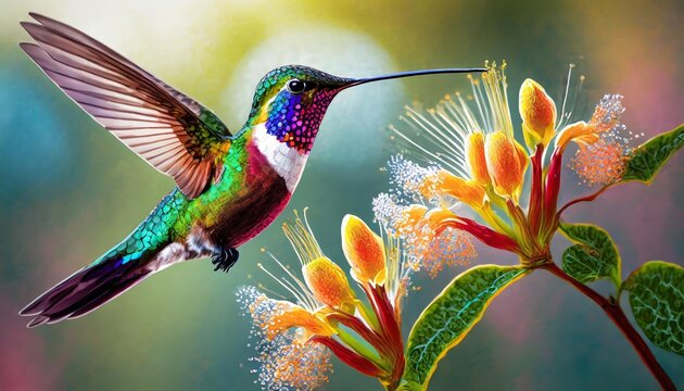 Impresionante ilustracin hiperrealista y fotogrfica de un colibr colorido en alta definicin, capturando cada detalle vibrante y su belleza natural en un entorno cautivador.