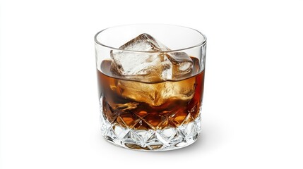 Refreshing whiskey drink with ice cubes in a crystal glass isolated on white background for beverage and cocktail presentations