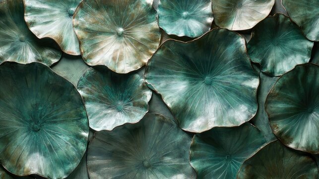 Closeup of the intricate texture and patterns of vibrant green lotus leaves in a natural setting