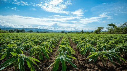 Cassava plantation with lush green leaves under a clear blue sky showcasing agricultural vitality and crop diversity in the garden landscape