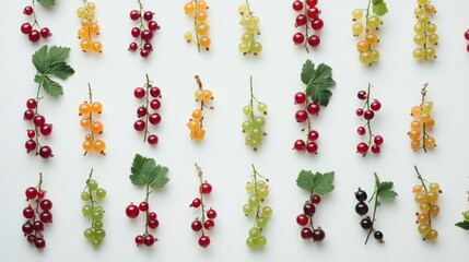 Colorful variety of fresh currants arranged neatly on a white background showcasing vibrant hues and natural leaves for creative culinary use.