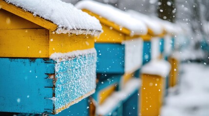 Colorful beehives in winter scenery covered in snow highlighting frost and vibrant colors showcasing an apiary in a cold environment