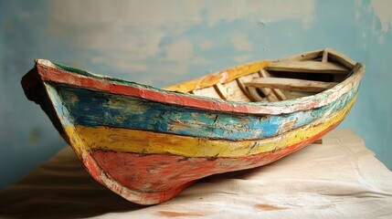 Obraz premium Colorful wooden fishing boat resting indoors after a day at sea showcasing craftsmanship and rustic charm.