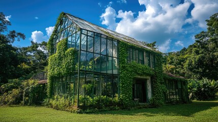 Obraz premium Vibrant glass house entwined in lush green ivy under a bright blue sky with scattered clouds showcasing nature's beauty and architectural harmony