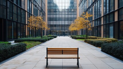 serene empty bench in a modern office complex courtyard surrounded by glass buildings and autumn foliage