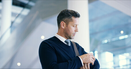 Man, checking and wrist watch for time management, business meeting and career at law firm. Male person, travel and punctual with schedule as attorney for deadline, running late and waiting in office