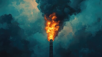 Fototapeta premium Flames Erupting from Industrial Smoke Stack Against Dark Cloudy Sky