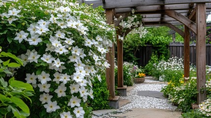 Naklejka premium Clematis flowers blooming in a tranquil backyard garden with wooden pergola and stone pathway creating a romantic outdoor retreat