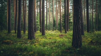 Fototapeta premium Serene Forest Landscape with Tall Trees and Lush Green Underbrush in Natural Light