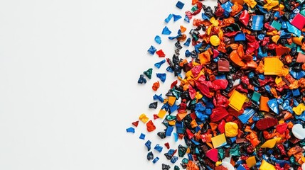 Colorful plastic masterbatch chips scattered on a white background suitable for industrial product catalog and banner design purposes