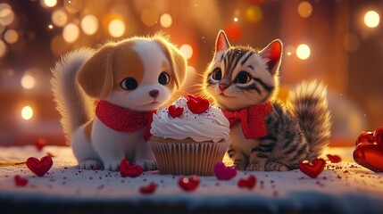 Fototapeta premium Adorable Puppy and Kitten Sharing a Valentine's Day Cupcake