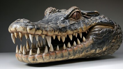 Obraz premium Detailed closeup of a crocodile head showcasing sharp teeth and textured skin in an artistic display.
