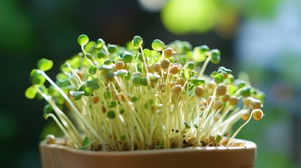 Freshly sprouted grain juice in a sunny garden showcasing vibrant green sprouts and natural light for a healthy lifestyle concept.