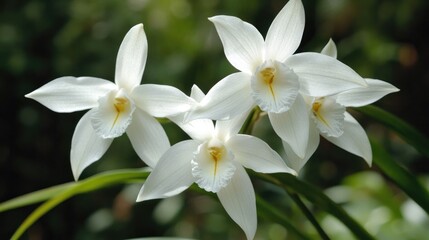 Obraz premium Delicate white orchid blossoms showcasing elegance and beauty in a serene botanical setting for floral and nature-themed projects