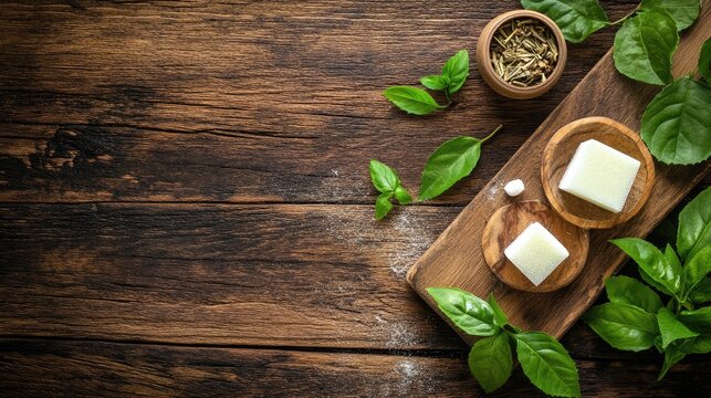 Aromatherapy spa essentials with camphor blocks and fresh leaves on rustic wooden board creating a calming and inviting atmosphere