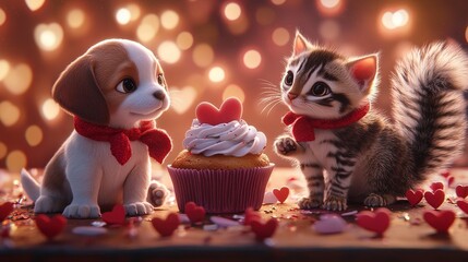 Adorable Puppy and Kitten with Valentine's Day Cupcake